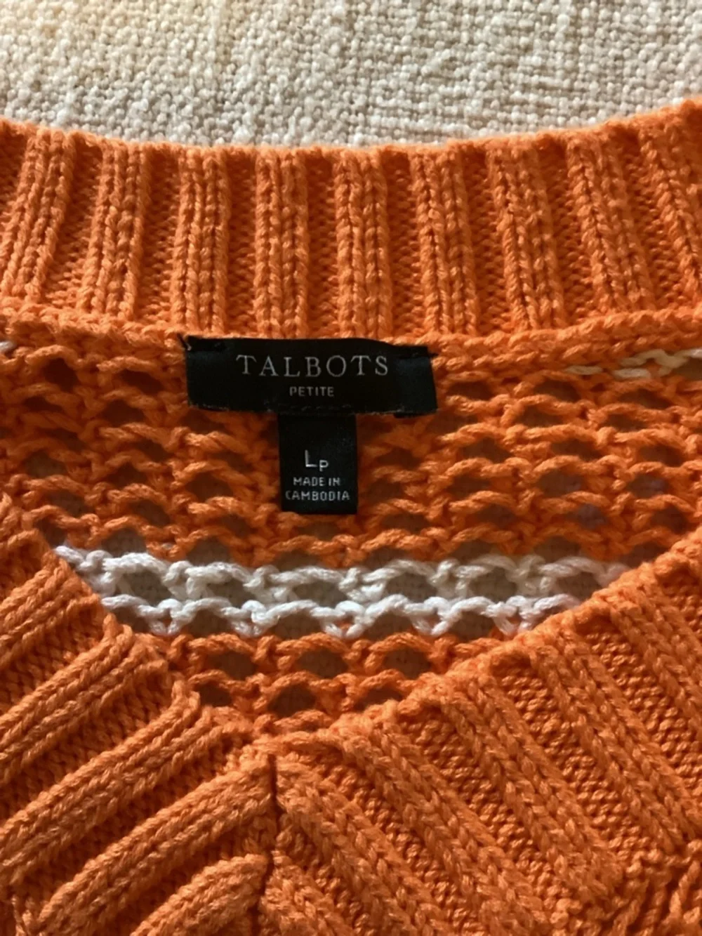 Talbots Women Orange/White Stripe Open Weave Chunky Knit V-Neck Sweater LP E1